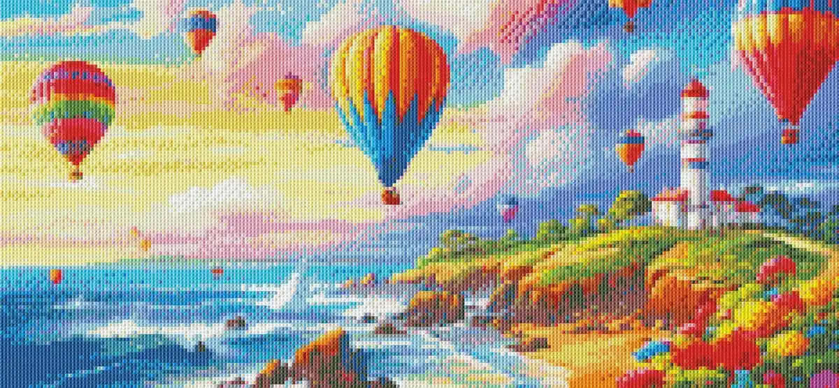 Completed coastal scene with lighthouse and colorful balloons in DIY diamond art.
