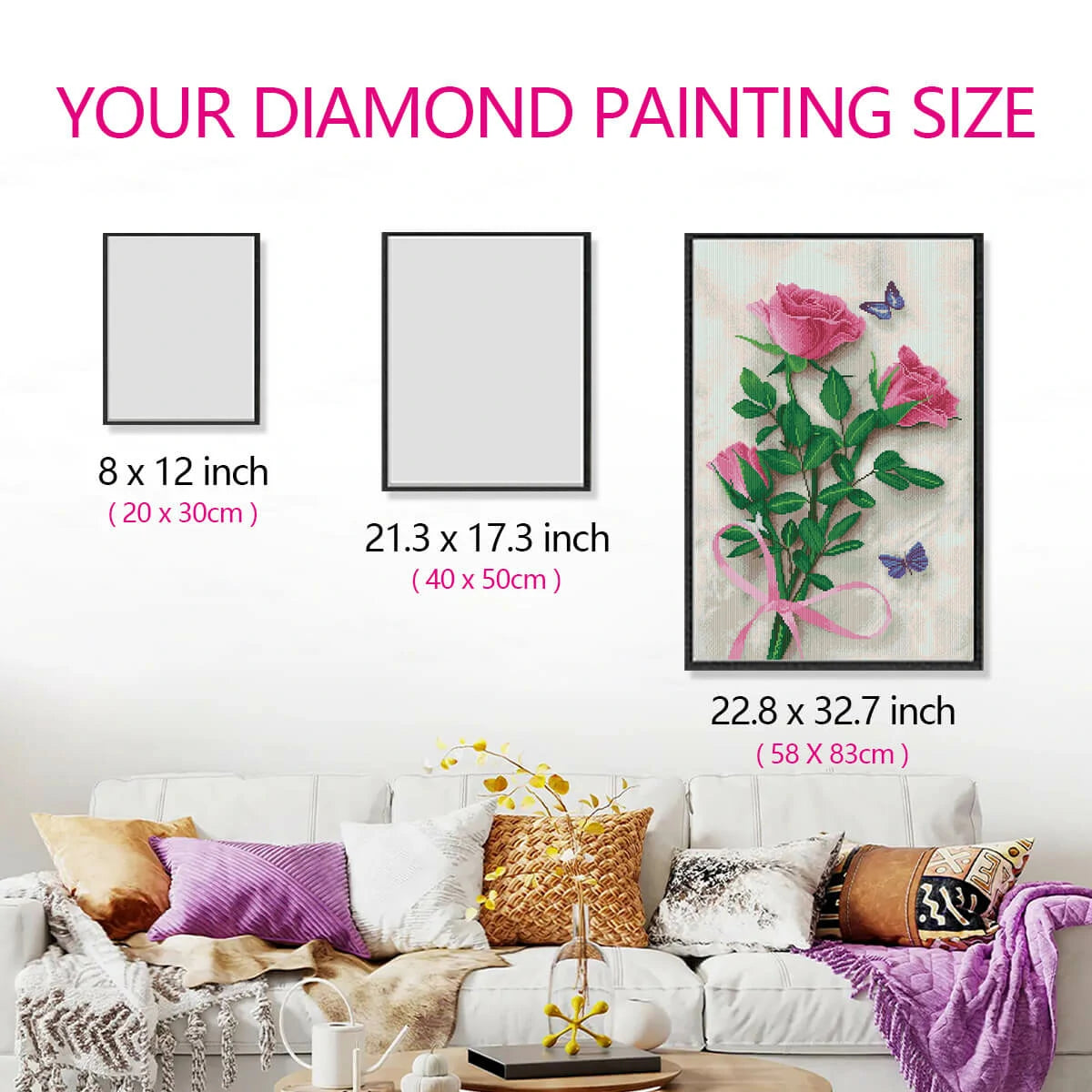 Size comparison for Love Rose diamond painting kit, showing the Diamond painting design and proportions in a room setting.