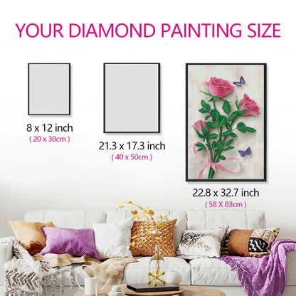Size comparison for Love Rose diamond painting kit, showing the Diamond painting design and proportions in a room setting.