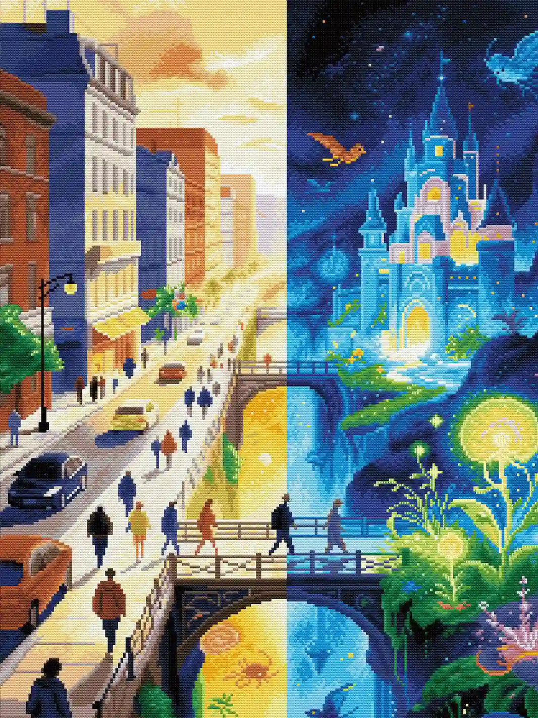Shimmering AB drills highlighting the magical castle and glowing flowers - FEELOOK Art
