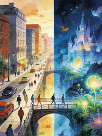 Magic Crossing split world design from sunny city to starlit castle - FEELOOK Art