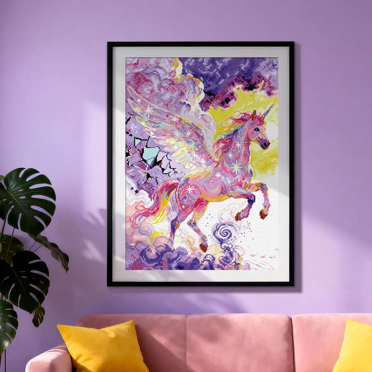 Elegant framed magic unicorn diamond art hanging in a bright, modern bedroom - FEELOOK Art