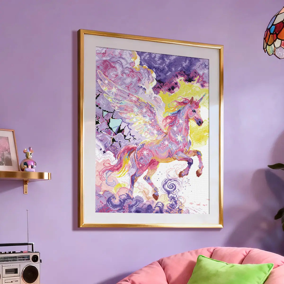 Beautiful magic unicorn diamond painting displayed on a living room gallery wall - FEELOOK Art