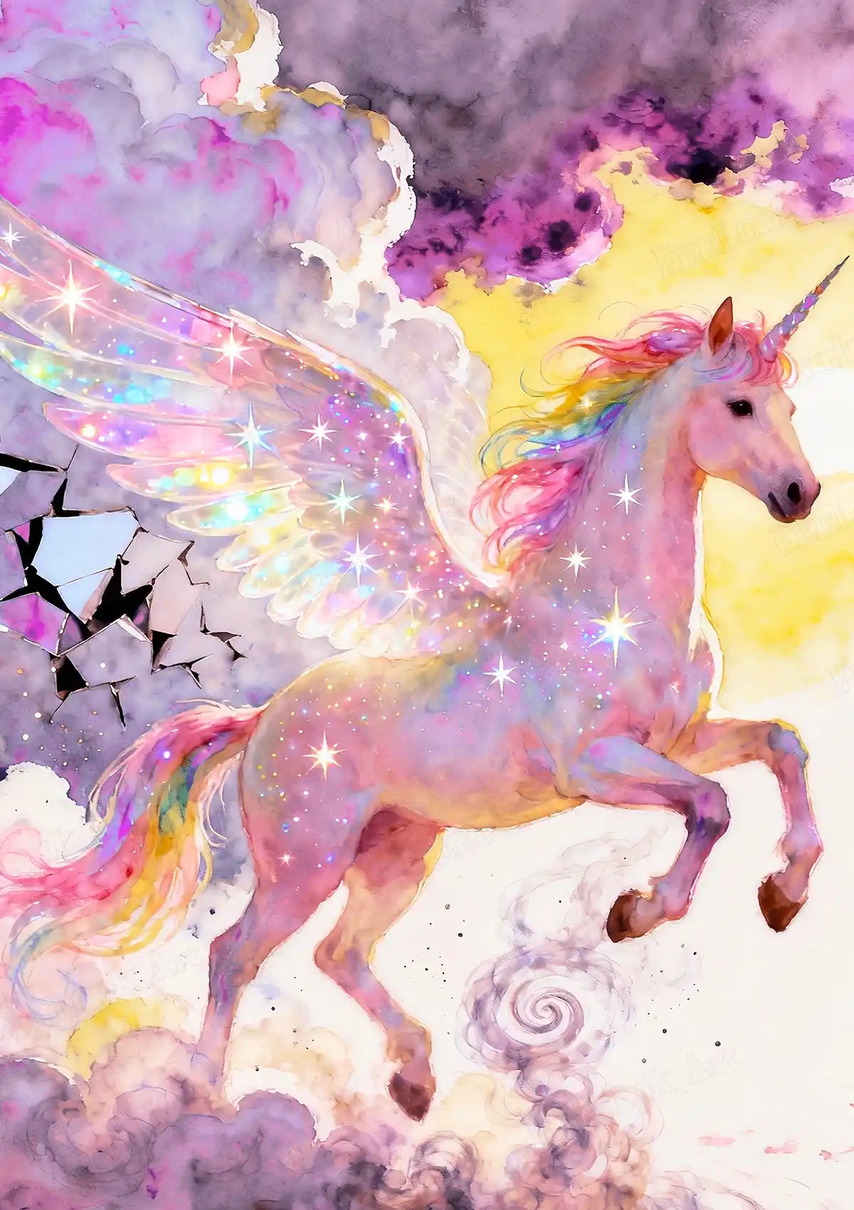 A majestic white unicorn with a flowing pink and purple mane among vibrant flowers - FEELOOK Art