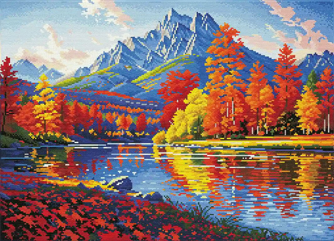 Finished Maple Autumn diamond art showing vibrant maple leaves and sparkling reflections on the water – FEELOOK Art
