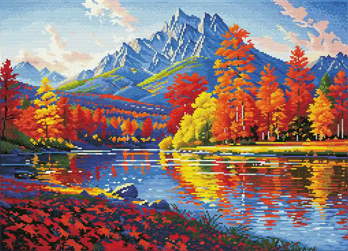 Finished Maple Autumn diamond art showing vibrant maple leaves and sparkling reflections on the water – FEELOOK Art