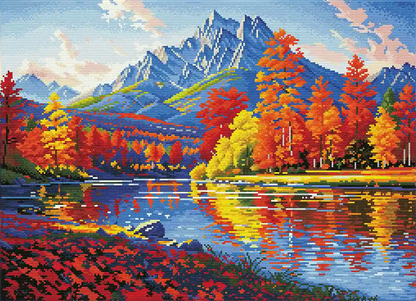 Finished Maple Autumn diamond art showing vibrant maple leaves and sparkling reflections on the water – FEELOOK Art