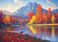 Maple Autumn diamond painting featuring a serene Canadian landscape with red and orange maple trees reflected in a calm lake – FEELOOK Art