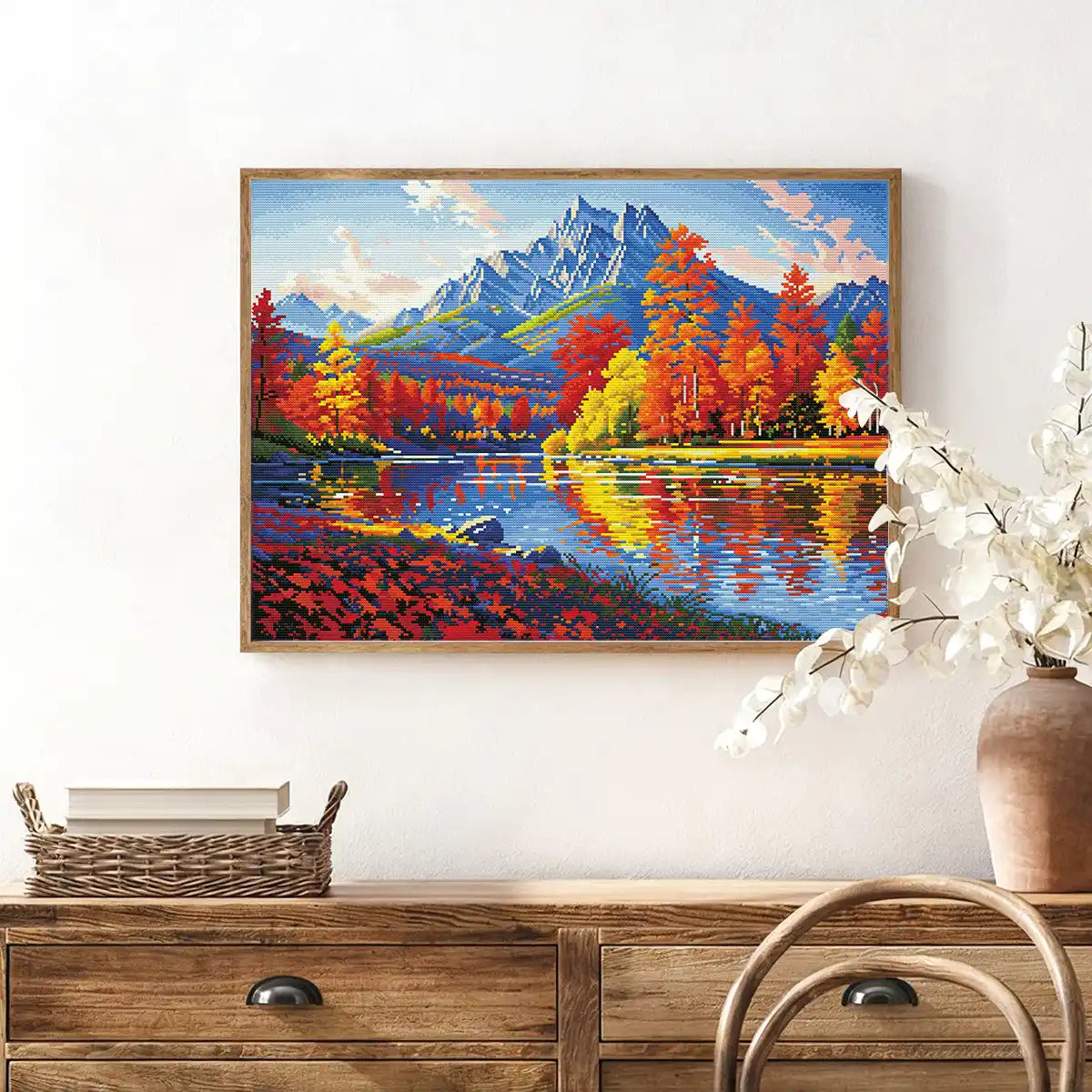 Maple Autumn diamond painting displayed in a cozy living room, adding autumn warmth and elegance – FEELOOK Art