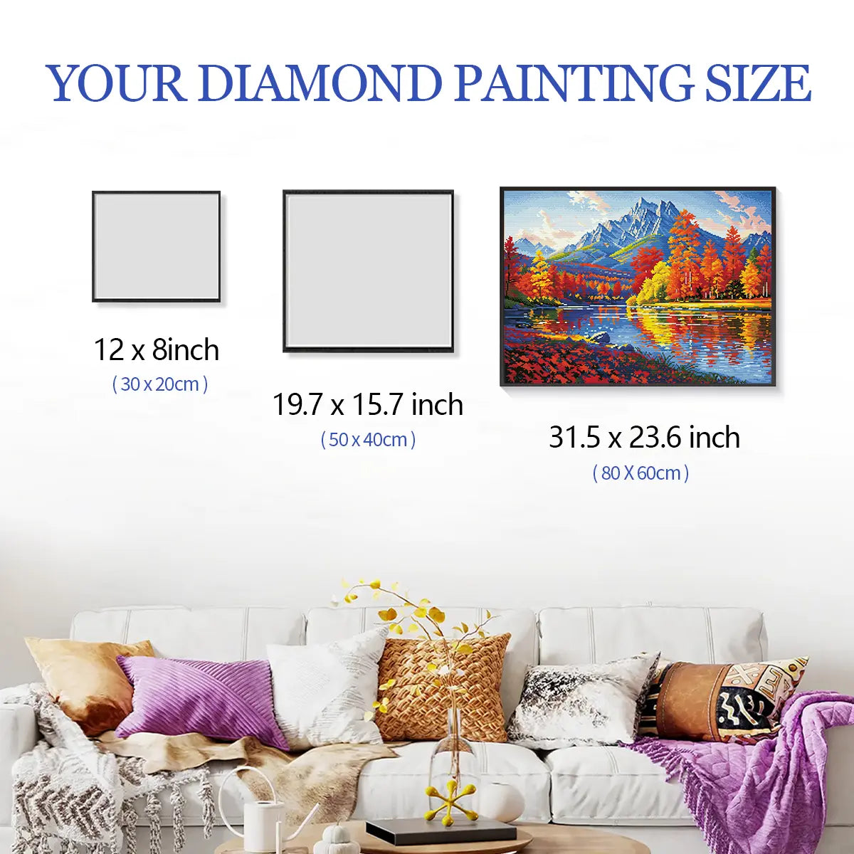 Maple Autumn diamond painting framed and hung on the wall with size labels, displayed above a sofa next to other framed artworks for clear size comparison – FEELOOK Art