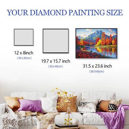 Maple Autumn diamond painting framed and hung on the wall with size labels, displayed above a sofa next to other framed artworks for clear size comparison – FEELOOK Art
