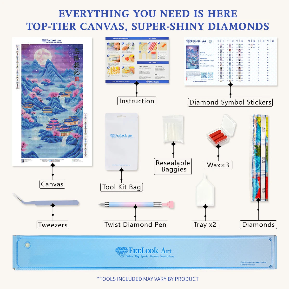 Diamond painting kit for Memories of Yueyang Tower including applicator pen, tray, wax, and shining diamonds – FEELOOK Art