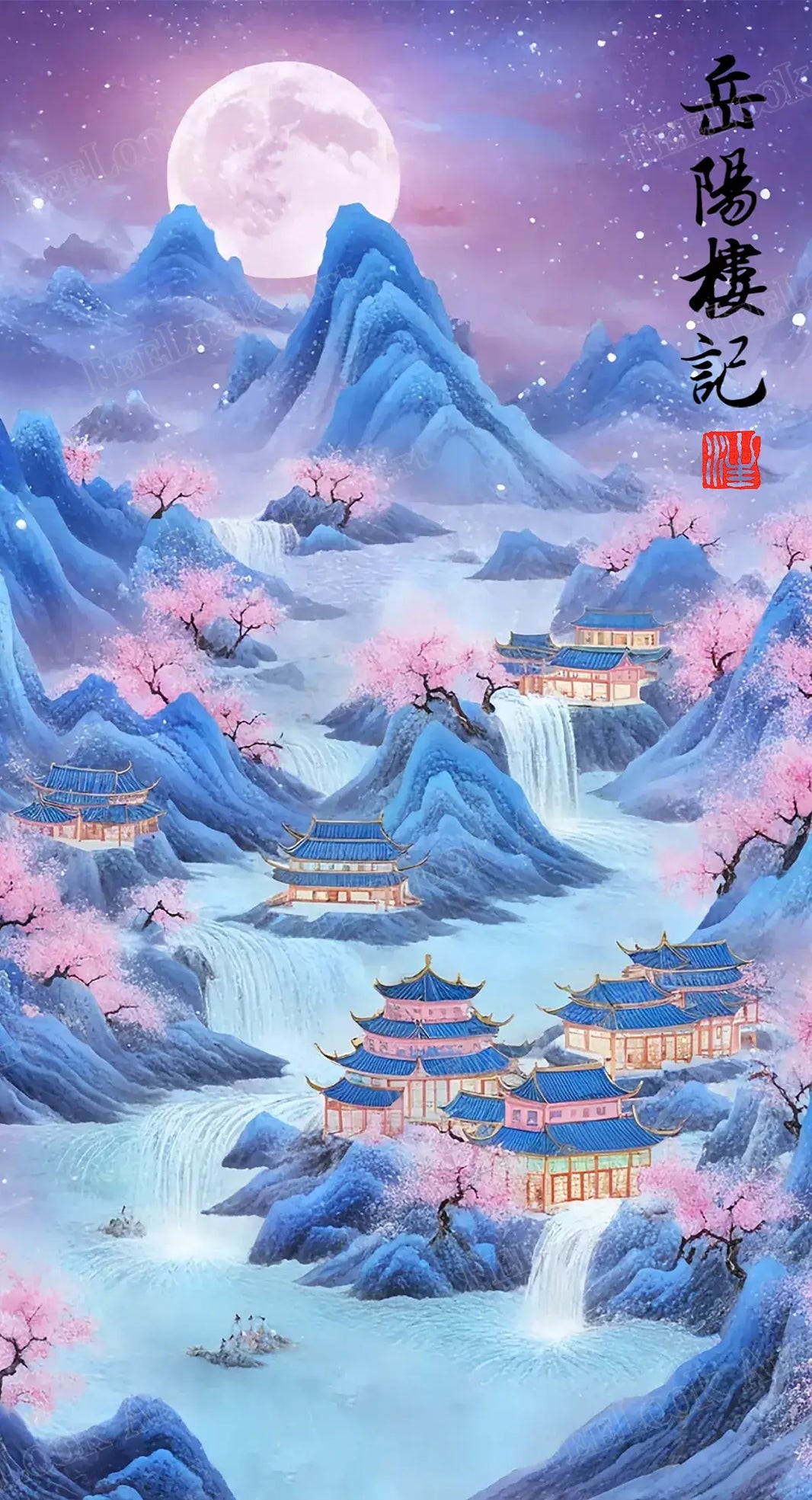 Memories of Yueyang Tower diamond painting featuring moonlit mountains, waterfalls, and ancient architecture – FEELOOK Art