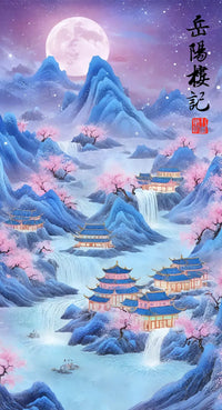 Memories of Yueyang Tower diamond painting featuring moonlit mountains, waterfalls, and ancient architecture – FEELOOK Art