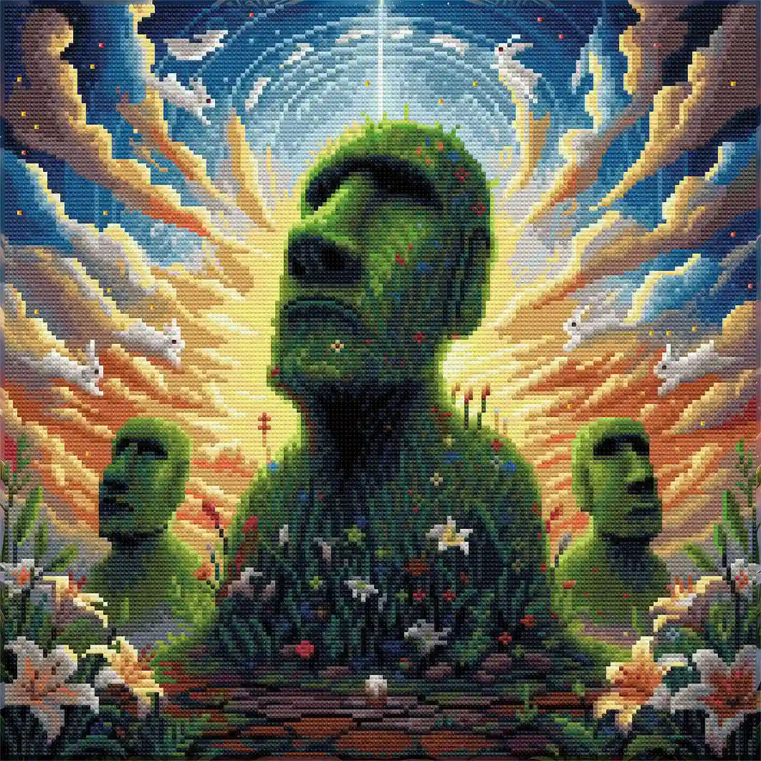 Moai Easter diamond painting finished sparkling close-up effect of floral Moai statues - FEELOOK Art