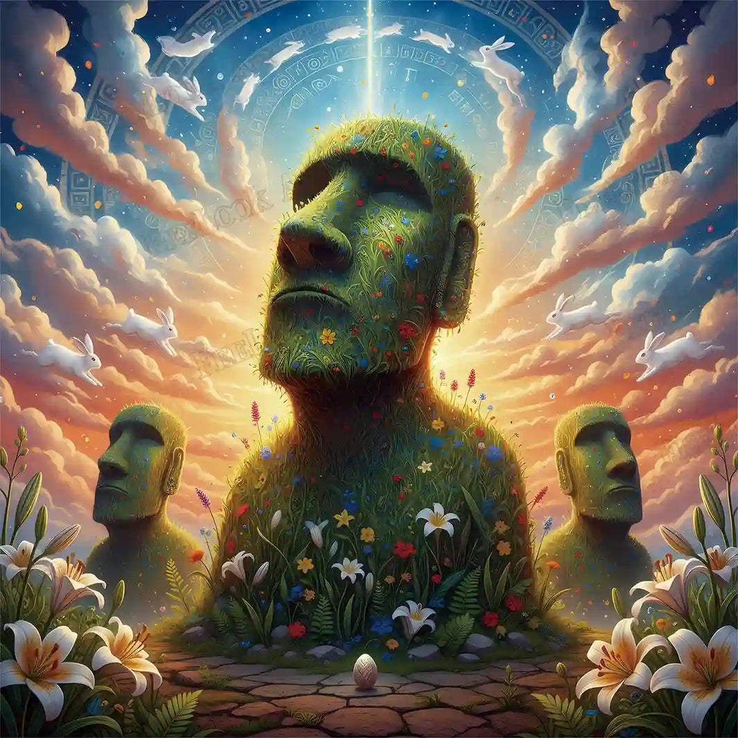 Mystical grass-covered Moai statues with flying white rabbits and celestial clouds diamond painting - FEELOOK Art