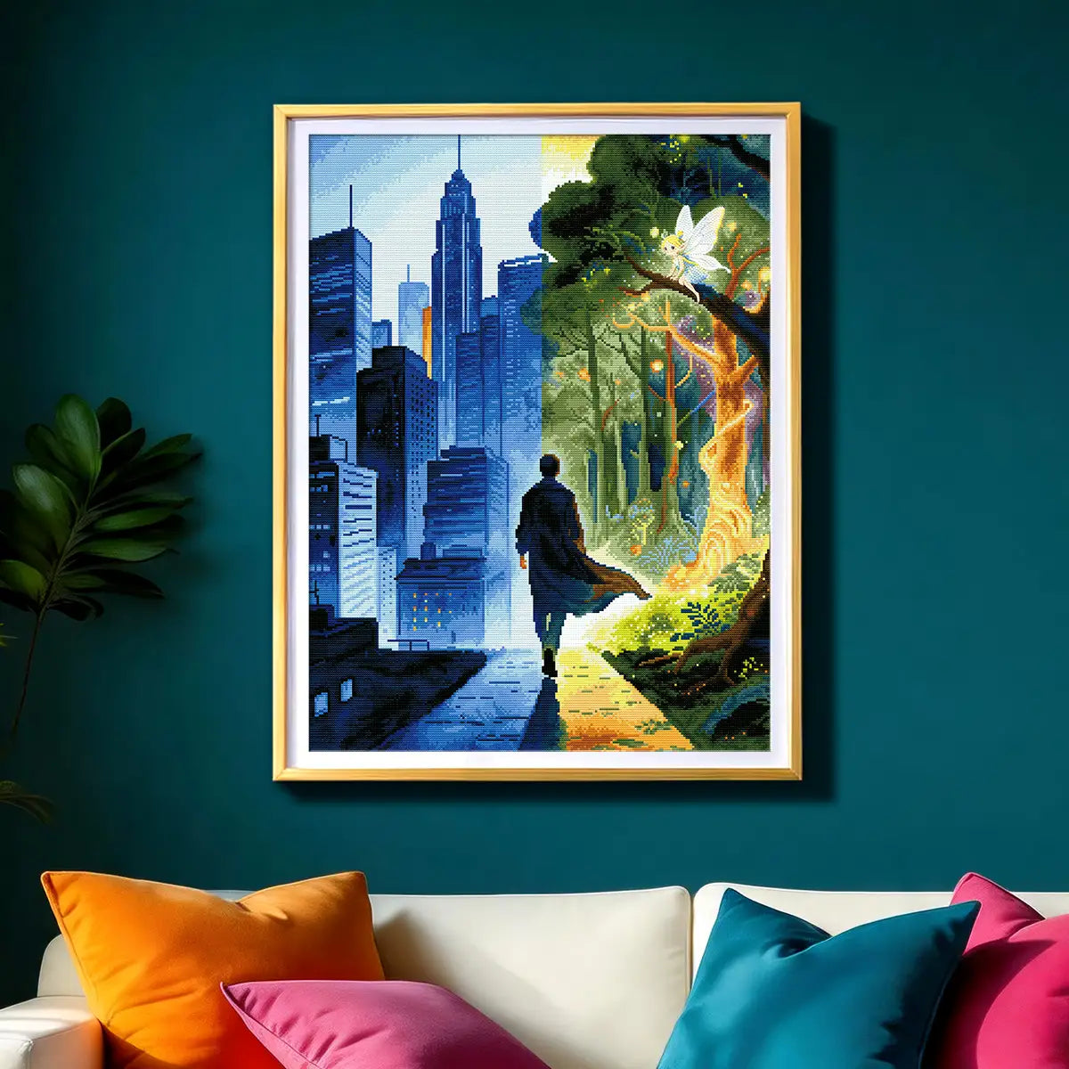 Contemporary interior design featuring a framed mystical forest artwork - FEELOOK Art