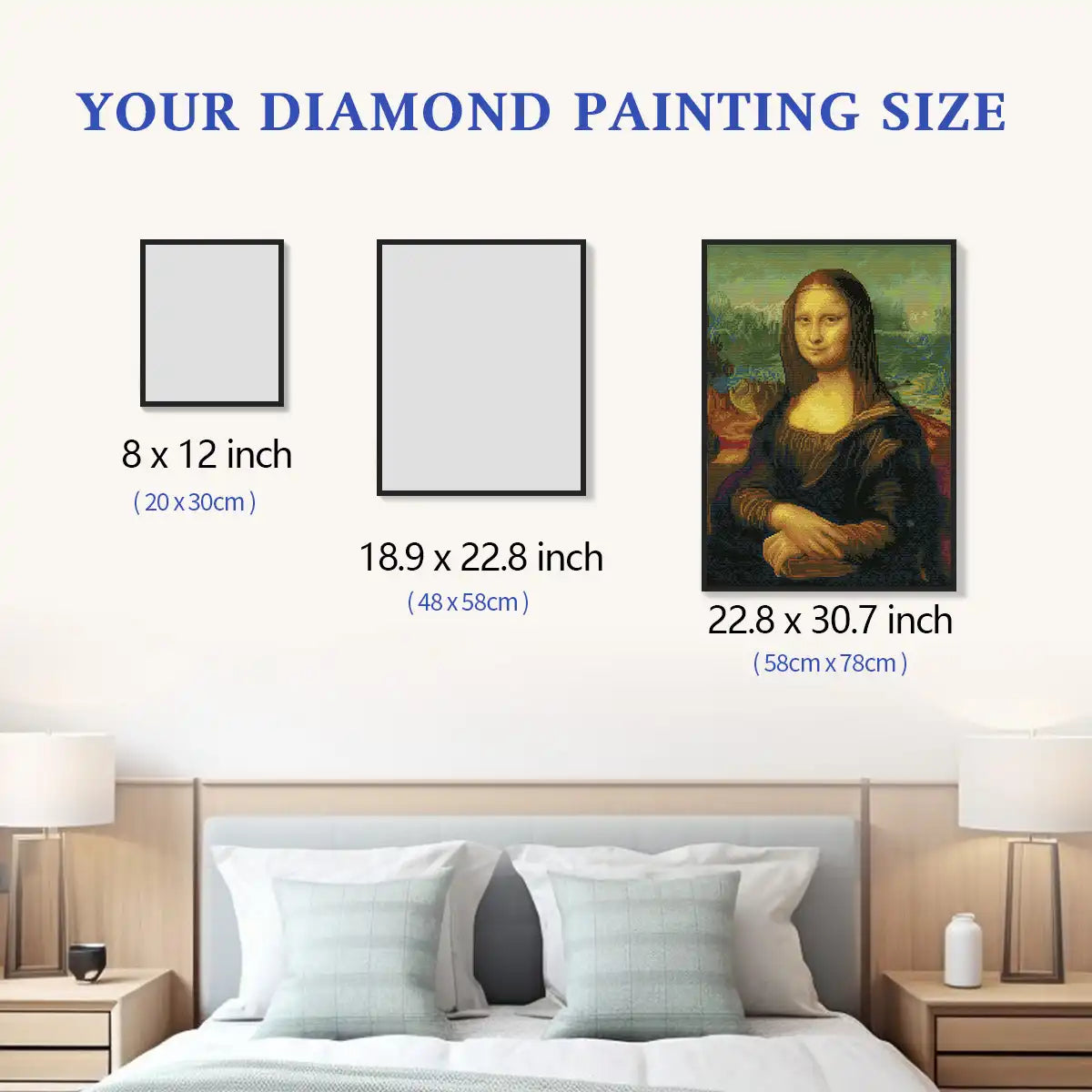 Mona Lisa diamond painting size comparison guide for elegant home wall décor and art display inspiration - FEELOOK Art