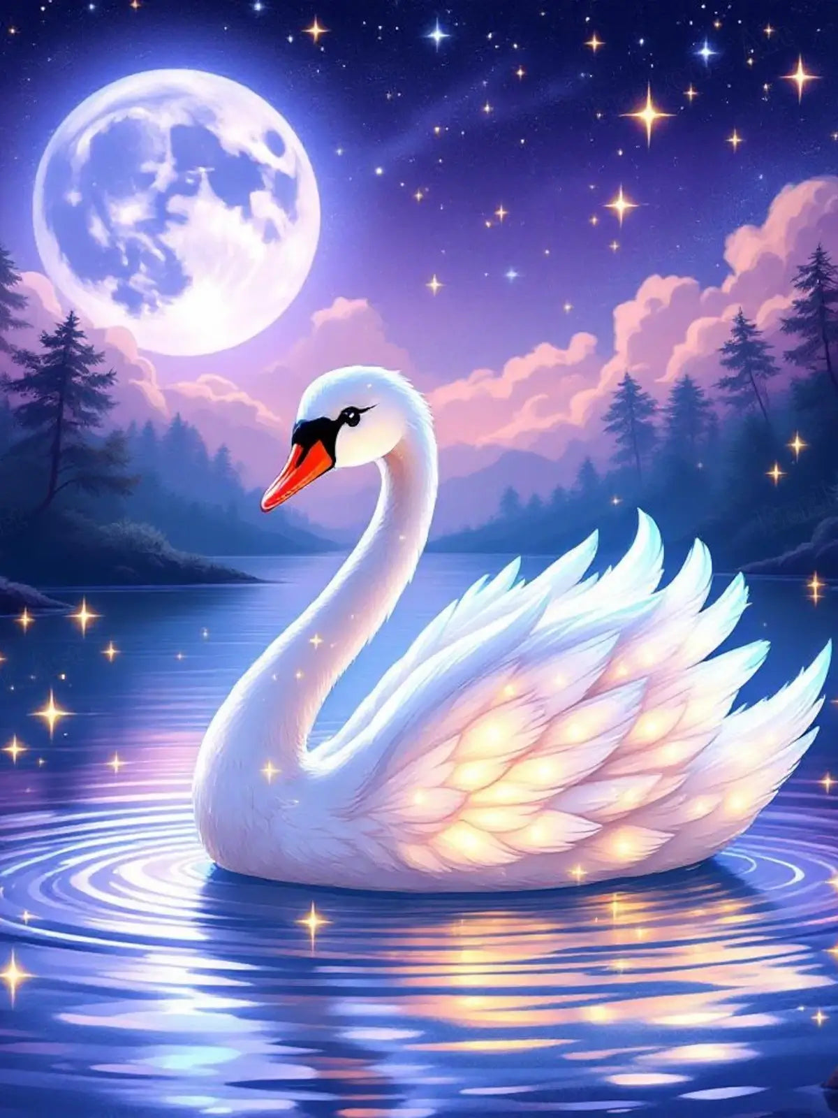 Moon-kissed Swan 5D diamond painting kit with glowing white swan on moonlit lake under starry fantasy sky - FEELOOK Art