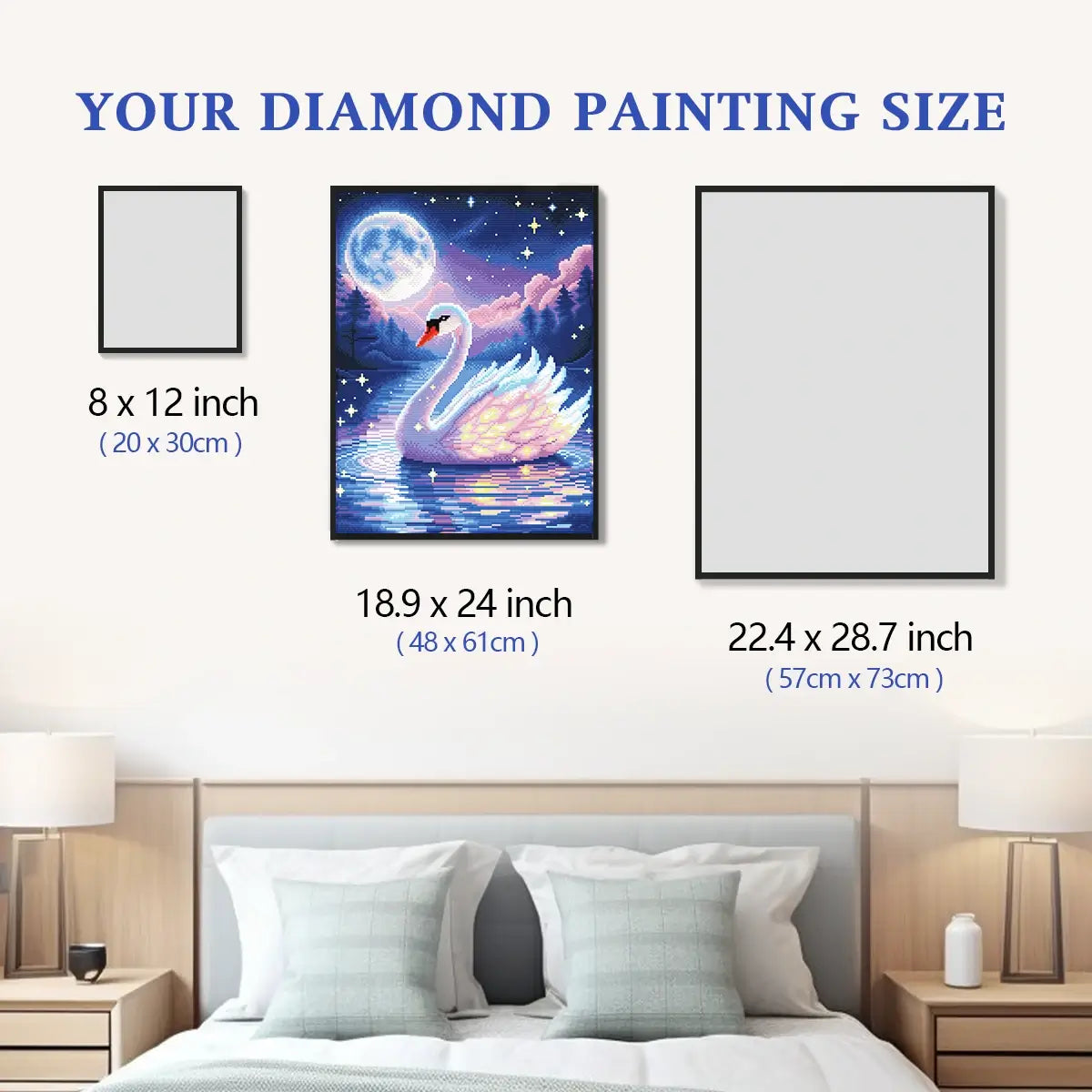 Moon-kissed Swan 5D diamond painting size chart showing swan lake fantasy artwork scale for wall decor - FEELOOK Art