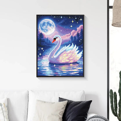 Moon-kissed Swan diamond art kit styled for creators with resin drills, AB drills and dreamy night lake scenery - FEELOOK Art