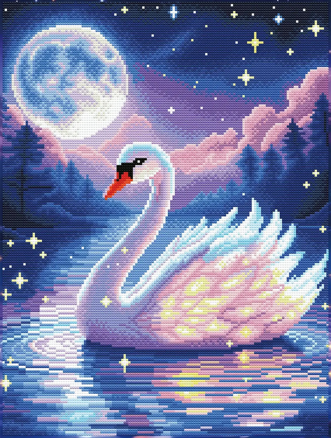 Finished Moon-kissed Swan diamond art kit with full drill resin diamonds and AB drills shimmering on swan wings - FEELOOK Art