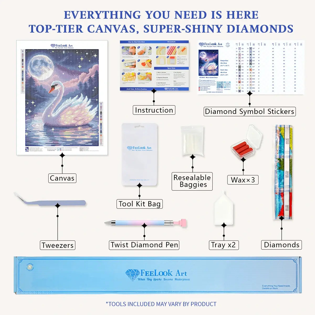 Moon-kissed Swan diamond painting kit with full drill canvas, resin drills, AB drills and complete DIY tools - FEELOOK Art