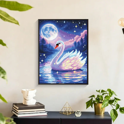 Moon-kissed Swan diamond painting kit displayed as elegant moonlit swan wall art with glowing water reflections - FEELOOK Art