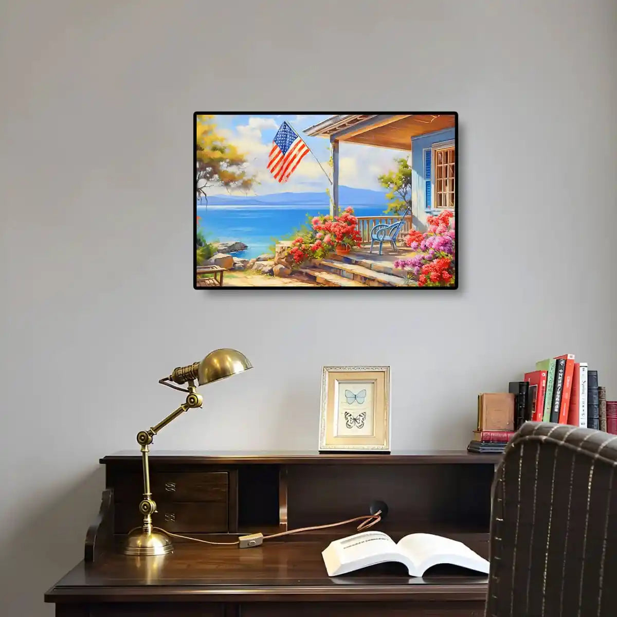My Home diamond painting in room, adds cozy atmosphere to any decor.