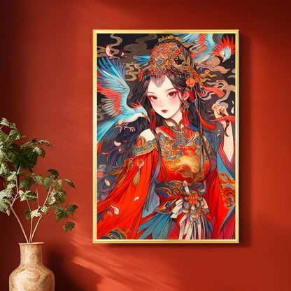 Diamond art of Mystic Maiden displayed in a mysterious, magical room.