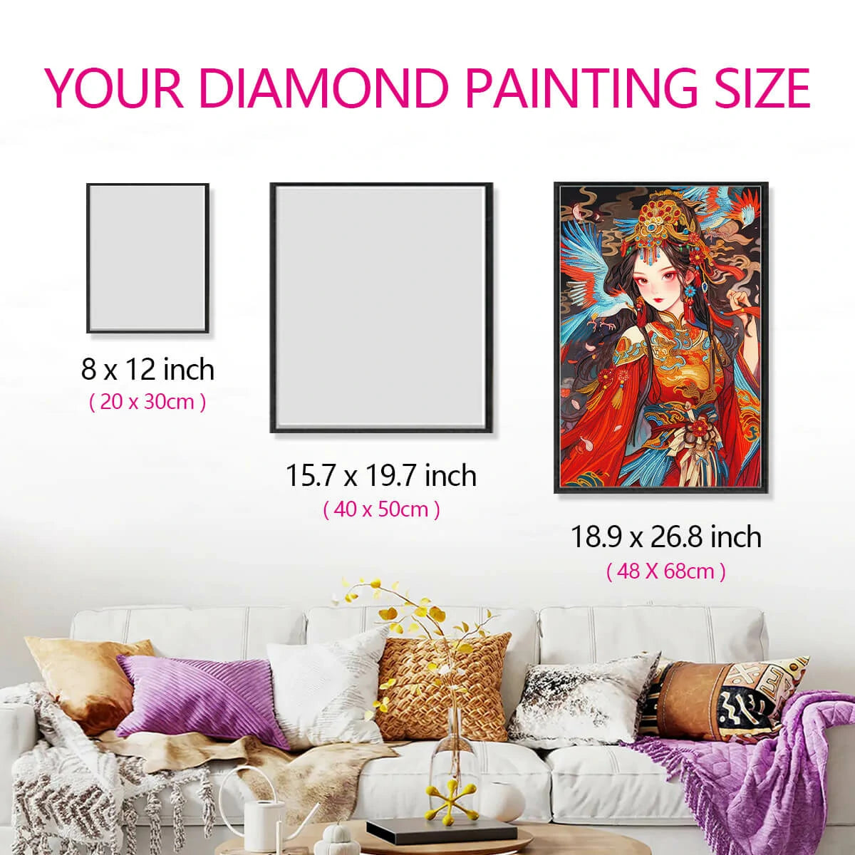 Mystic Maiden diamond art size guide shown in a room wall display.