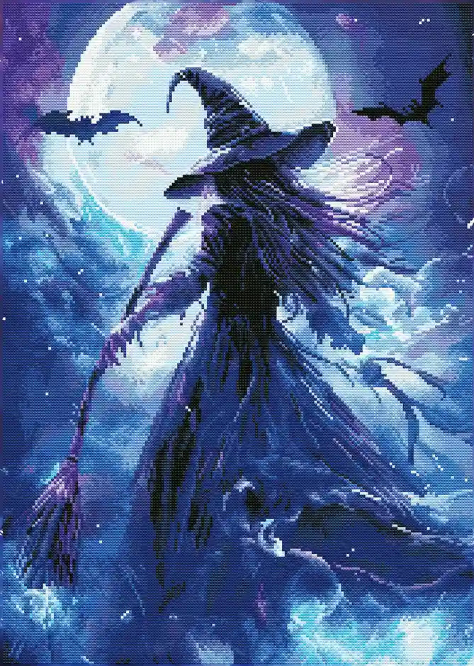 Finished Mystic Witch of the Moon diamond art with sparkling details on the witch and moon – FEELOOK Art