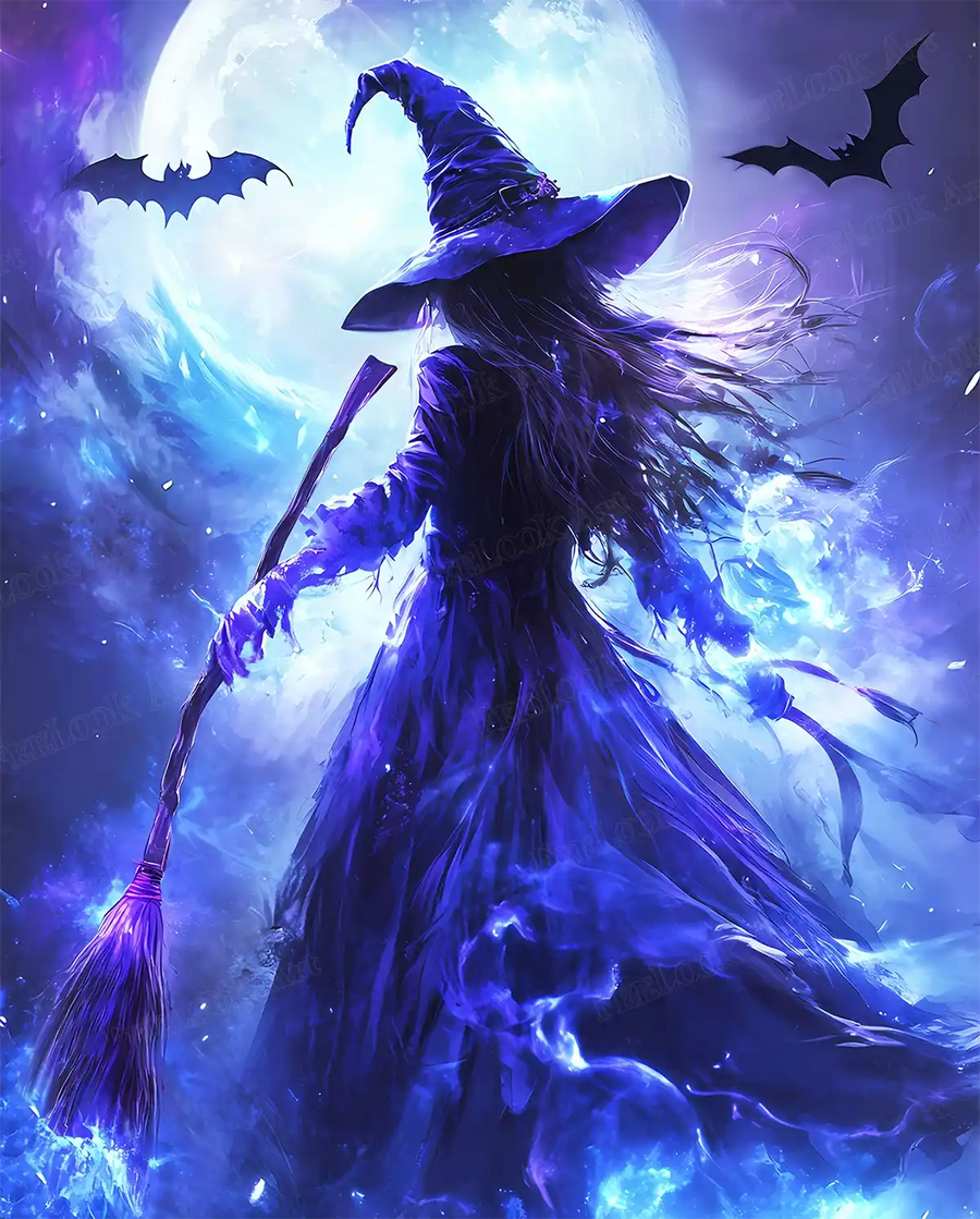 Mystic Witch of the Moon diamond painting featuring a mysterious witch under a glowing full moon – FEELOOK Art