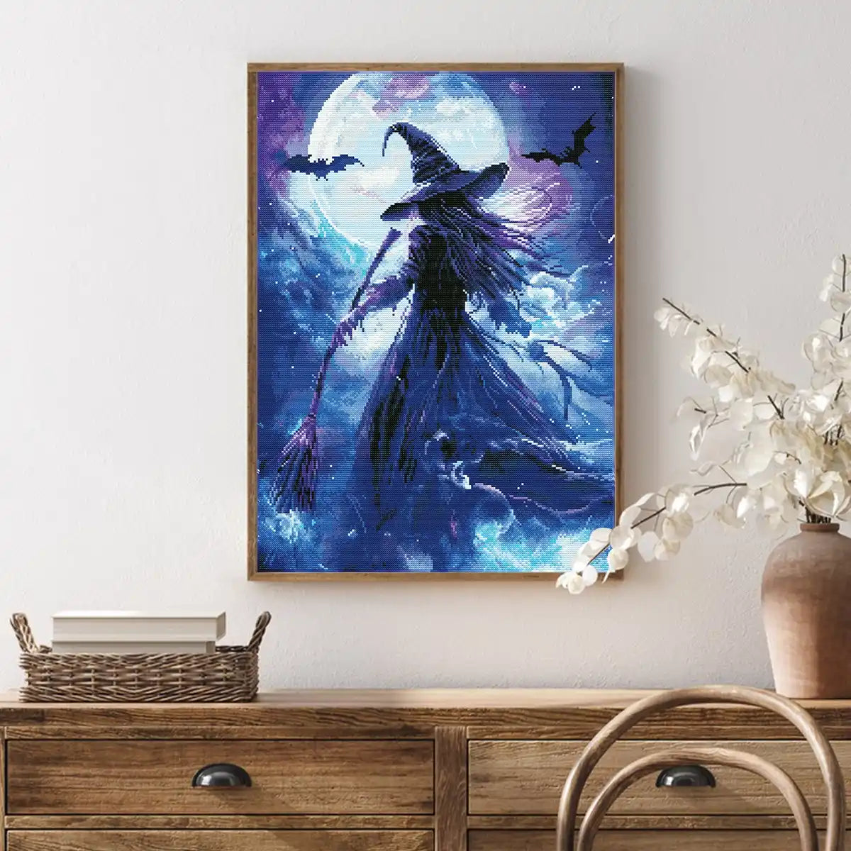 Mystic Witch of the Moon diamond painting displayed in a magical home setting, adding mystery and charm – FEELOOK Art