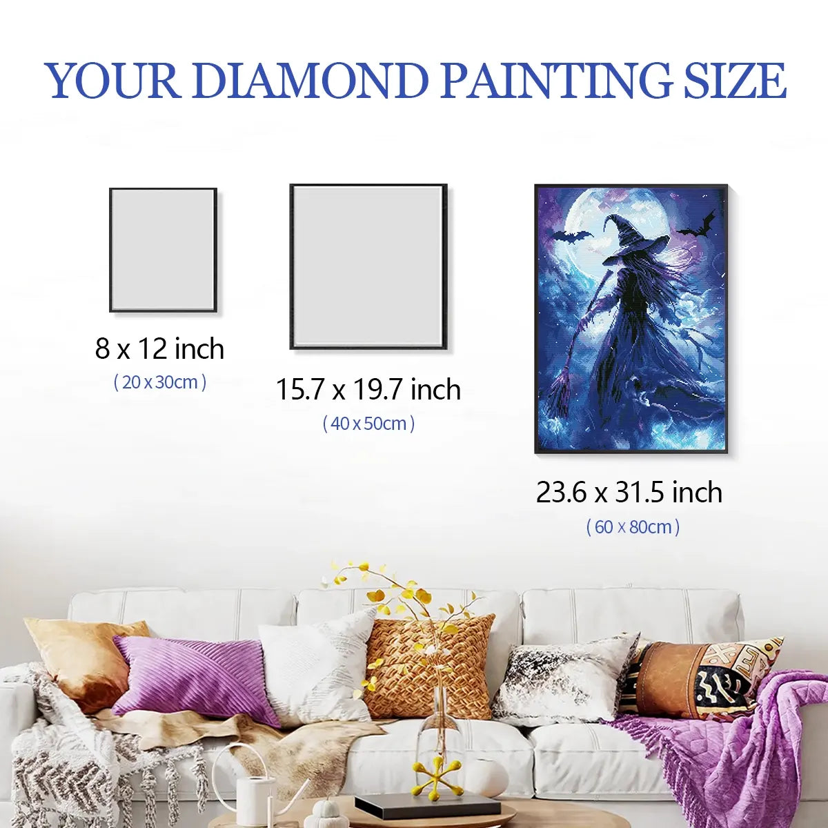 Size reference for Mystic Witch of the Moon diamond painting with hand for scale – FEELOOK Art
