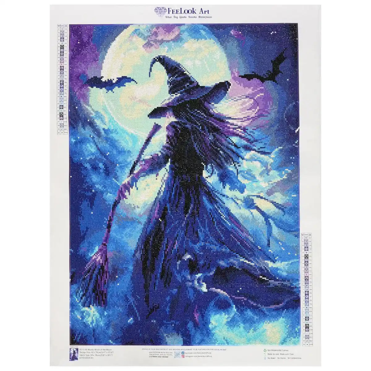 Mystic Witch of the Moon diamond painting with magical witch under glowing full moon fantasy art - FEELOOK Art
