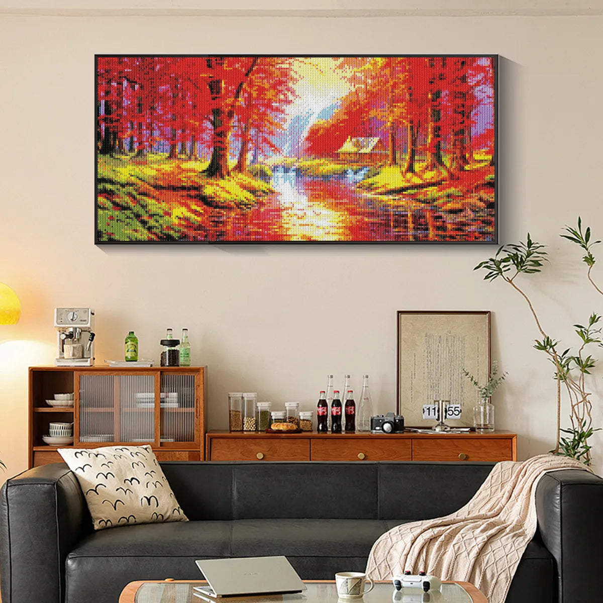 Colorful forest diamond painting framed in cozy interior, ideal for relaxing home decor and art therapy.