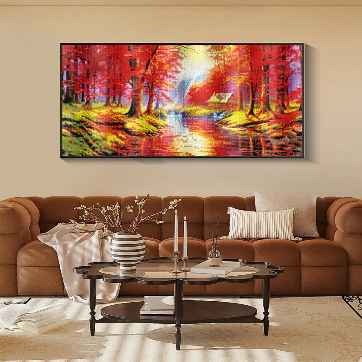 Vibrant nature landscape diamond art displayed in modern living room, great DIY art gift idea.