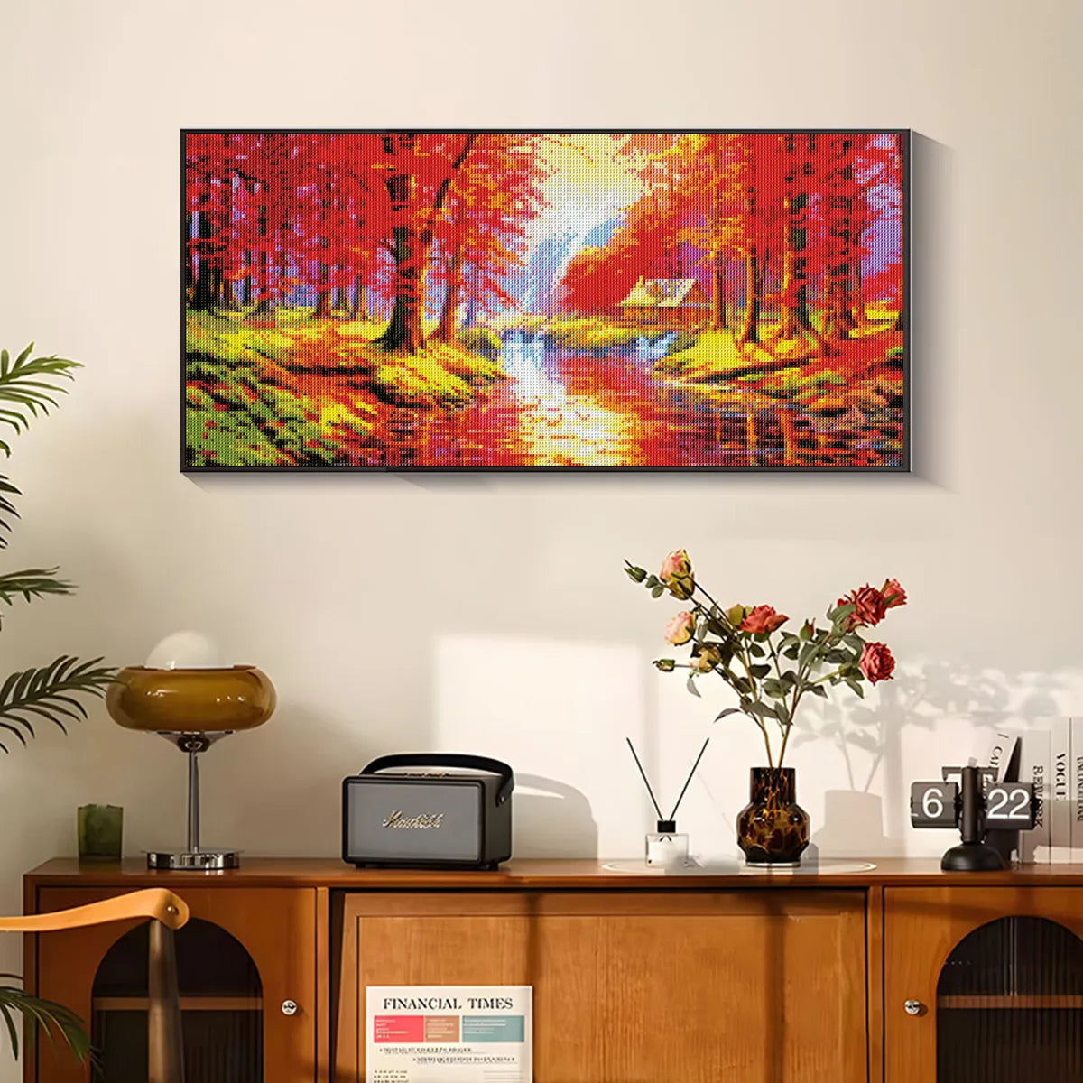 Stylish room setting with framed nature's palette diamond painting, showing the charm of DIY home creativity.