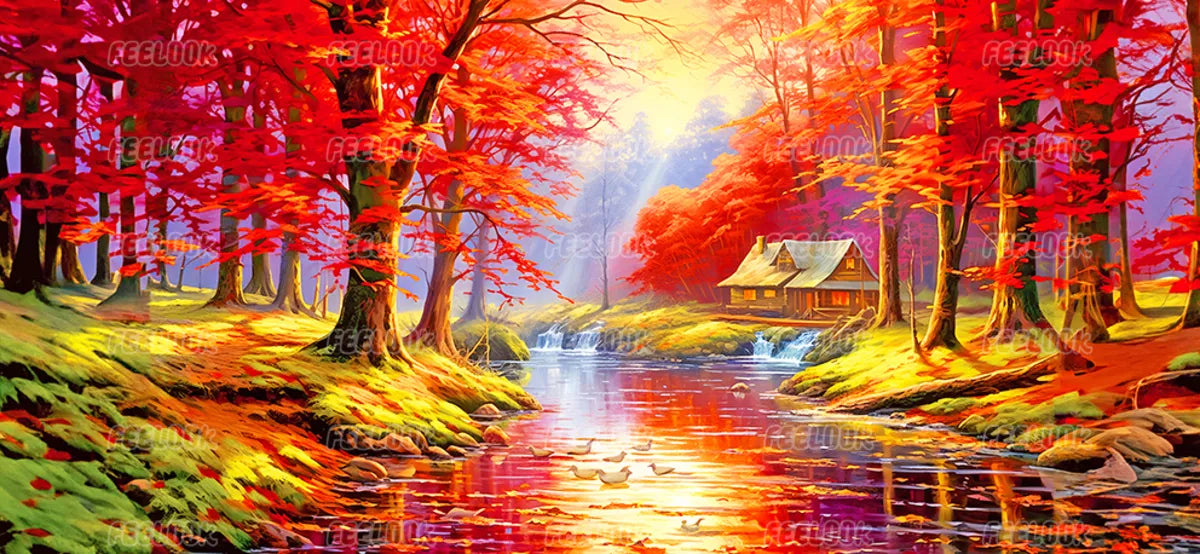 Vibrant landscape diamond painting kit with trees and sunset sky, full drill canvas for relaxing DIY art.