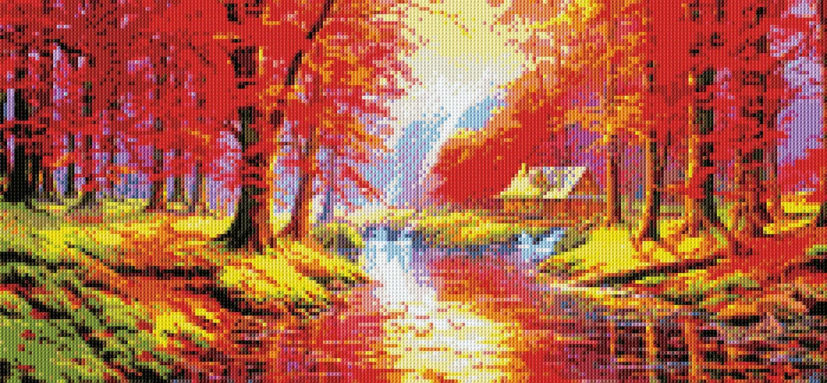 Completed diamond art of colorful forest scenery, shimmering full drill artwork for nature lovers.