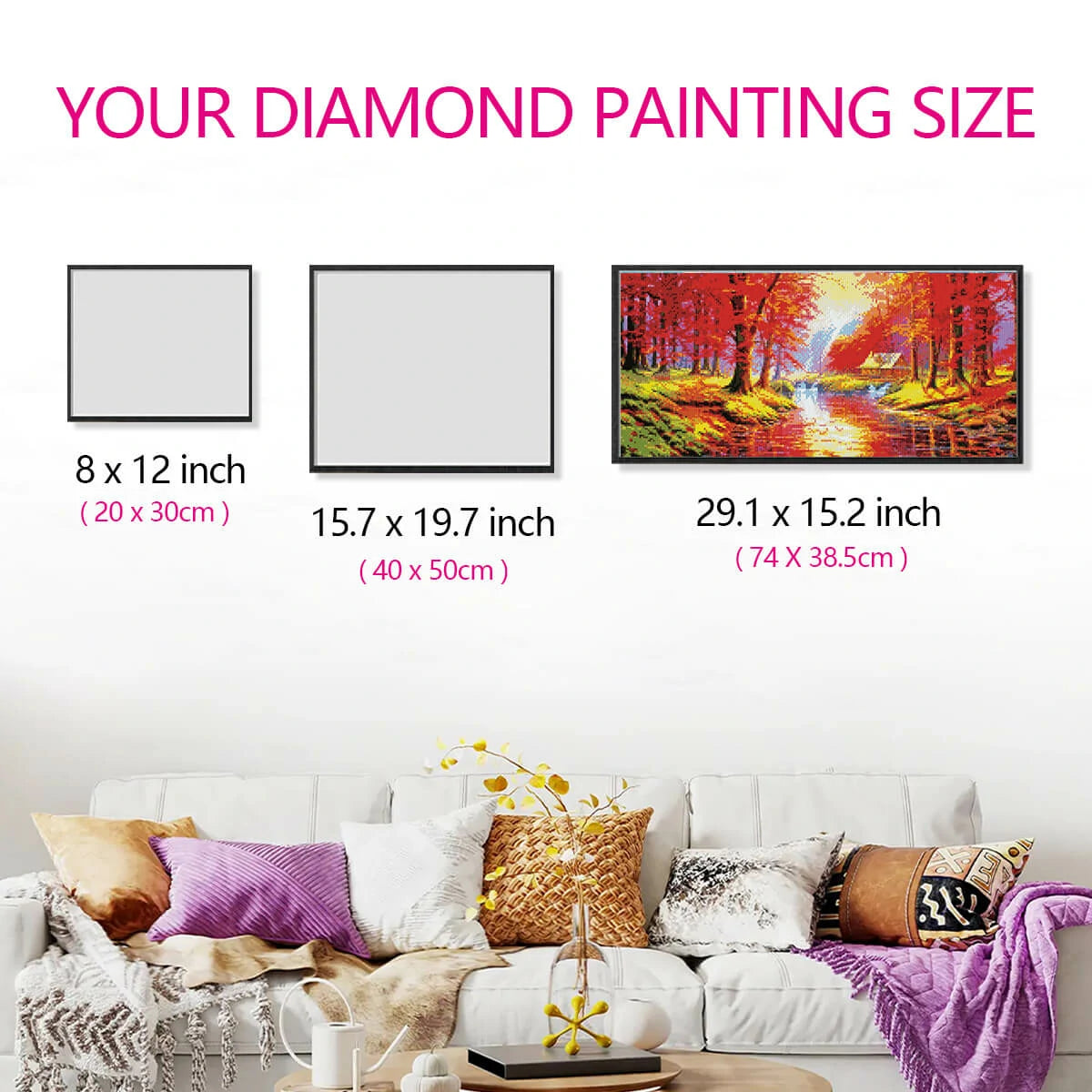 Size reference of Nature’s Palette diamond painting canvas with hands, beginner-friendly round drill kit.
