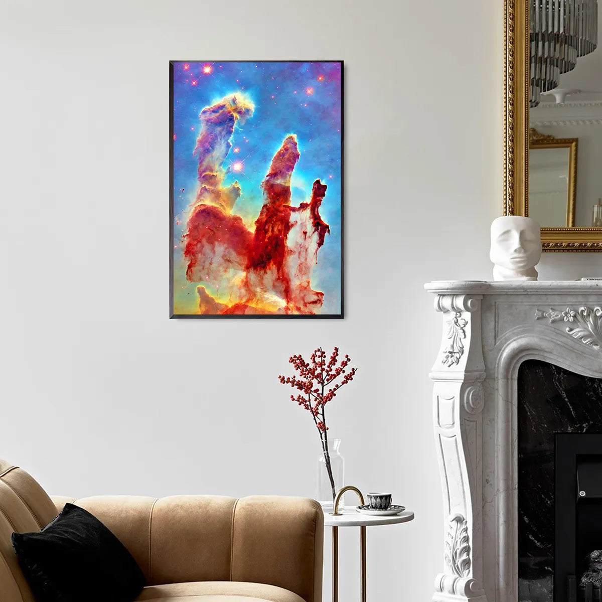 Nebula-themed full drill diamond painting displayed in a modern living space.