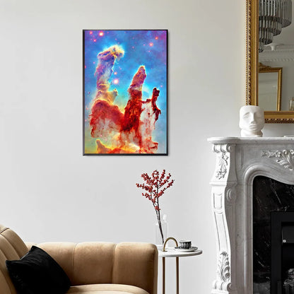 Nebula-themed full drill diamond painting displayed in a modern living space.