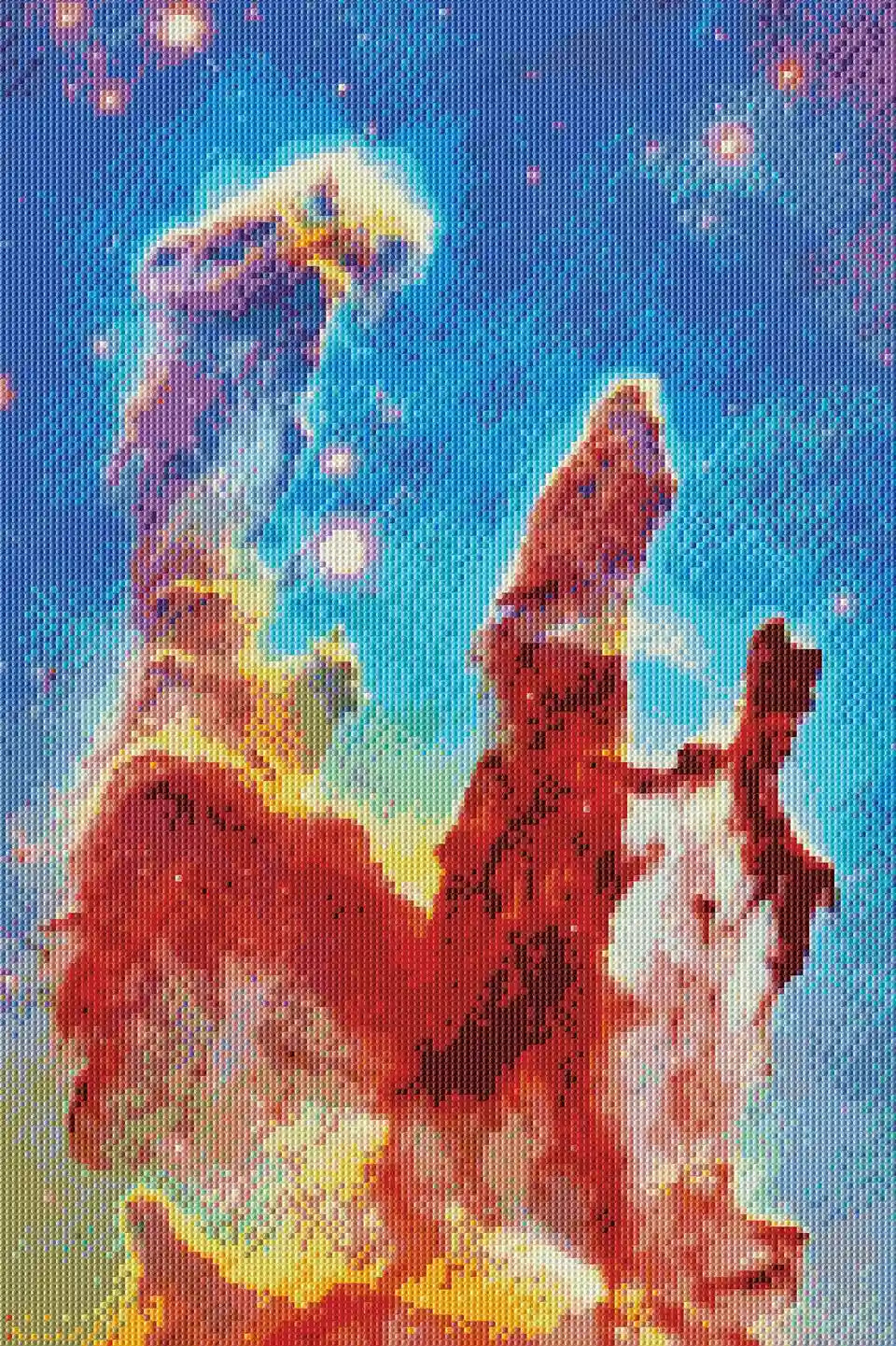 Full drill diamond painting mockup of Nebula Peaks with surreal space landscape and colorful star clouds.