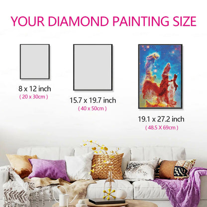 Canvas size comparison of Nebula Peaks diamond painting for adult creators.