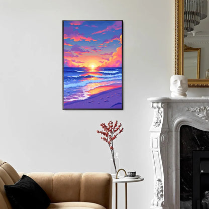 Sunset beach diamond painting framed in a lighten living room.