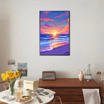 Neon sunset ocean scene hanging in bright boho room.