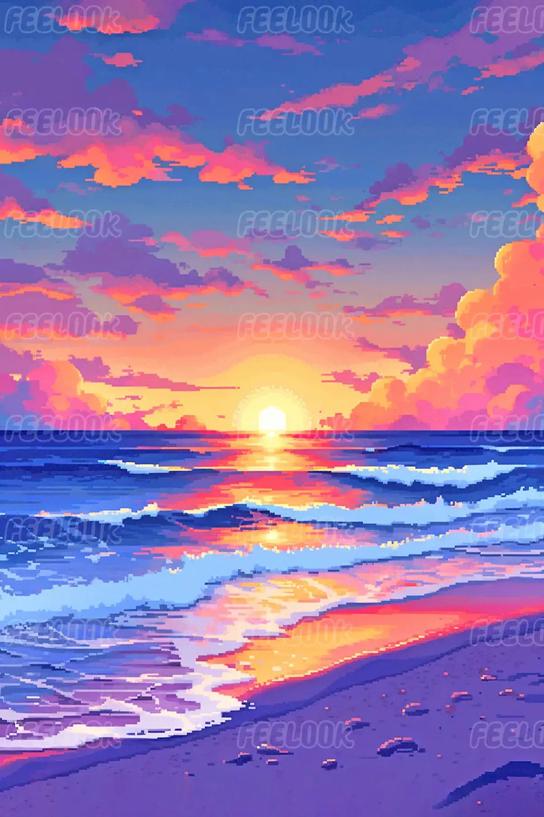 Neon Beach diamond painting kit featuring full drill round diamonds and a vibrant sunset ocean view.