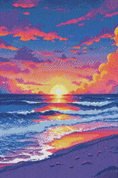 Finished diamond painting showing glowing neon sunset over tropical beach.
